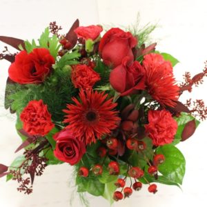 Red flowers with green plant leave in background